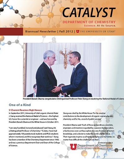 a newsletter page with a photo of President Barack Obama shaking hands with a professor