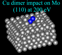 Cu dimer impact on Mo (110) at 200 eV