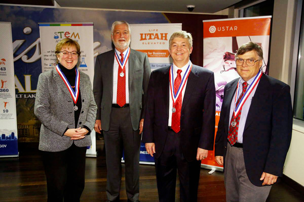 The U honorees are Joel Harris, distinguished professor of chemistry; Rich Brown, dean of the College of Engineering; Sarah George, executive director of the Natural History Museum of Utah; and Tom Parks, Vice President for Research. 