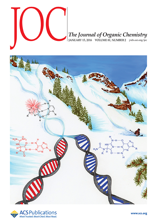 Image shows the cover of the Journal of Organic Chemistry, which shows an illustration of a snowy slope with two ski tracks that diverge into two DNA strands, one red and one blue. Around the DNA strands are structures of the molecules studied in Zhu's paper.