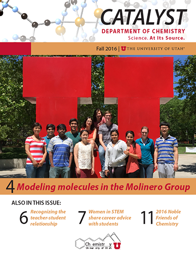A group of students gather in front of a U; "Modeling Molecules in the Molinero Group", "Recognizing the Teacher-Student relationship", "Women in STEM share career advice"