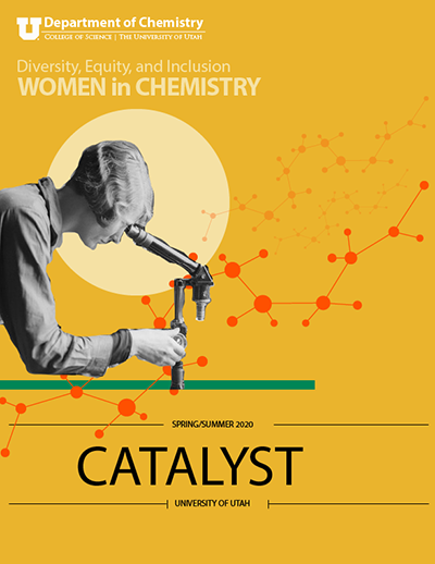 A yellow page with a woman looking into a microscope and text saying "Diversity, Equity and Inclusion: Women in Chemistry"